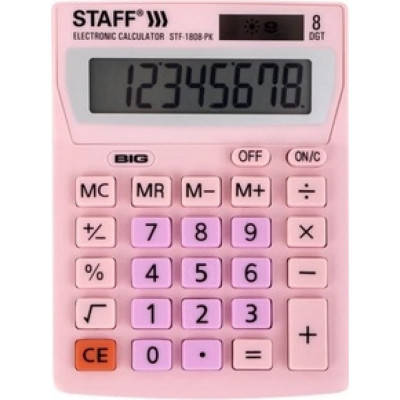 STAFF Калькулятор настольный STF-1808-PK, КОМПАКТНЫЙ 140х105мм, 8 разр, дв.питан, РОЗОВЫЙ, 250468