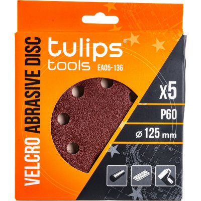 Tulips tools Диск шлифовальный с липучкой , 125 мм, Р60, 5 шт EA05-136