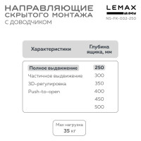 Направляющая скрытого монтажа Lemax prof полное выдвижение, с регул. планкой, 250 мм NS-FK-002-250