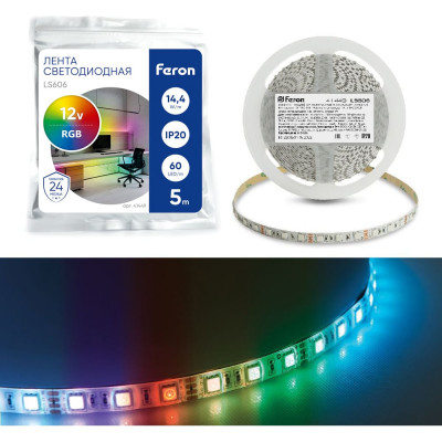 FERON Лента светодиодная LS606/ 60SMD 5050 /м 14,4Вт/м 12V 5000х10х2,32мм RGB 41449