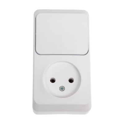 Блок 1-местная розетка + 1-клавишный выключатель Systeme Electric открытой проводки Этюд без заземления белый BPA16-204B