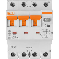 Автоматический выключатель дифференциального тока TDM ELECTRIC 63S 4P3P+N C40 300мА 6кА тип АС SQ0202-0047