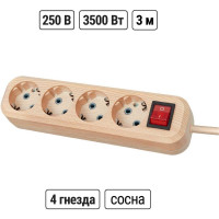 Удлинитель сетевой TDM ELECTRIC с выключателем, 4 розетки, 3 метра, ПВС 3х1мм2 Эко (сосна) 16А 250В SQ1303-2111