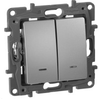 Переключатель Legrand двухклавишный с подсветкой/индикацией Legrand Etika 10А 250В безвинтовые зажимы алюминий 672416