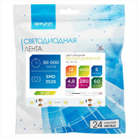Светодиодная лента Apeyron 12В, 4,8Вт/м, smd3528, 60д/м, IP20, 280Лм/м, ширина подложки 8мм/142