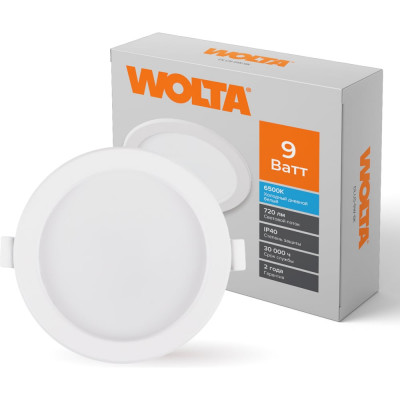 Светодиодный встраиваемый светильник Wolta 9Вт, круглый, 6500К Холодный белый, IP40, 720 Лм панель DLUS-9W-6K