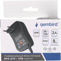 Универсальный Блок питания Gembird 3В-12В, 30Вт, порт USB, 8 штекеров, NPA-AC5