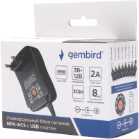 Универсальный Блок питания Gembird 3В-12В, 30Вт, порт USB, 8 штекеров, NPA-AC5