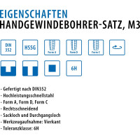 Ручные метчики GSR M3х0,5 HSSG DIN352 6H набор 3 шт для глухих и сквозных отверстий  B00105130
