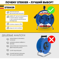 Удлинитель на металлической катушке STEKKER с заземлением 4-местный, PRF02-31-30, 30м, 3х1,5, морозостойкий синий 39786