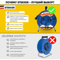 4-местный удлинитель на металлической катушке STEKKER с заземлением PRF02-31-50, 50м, 3х1,5, морозостойкий синий 39787