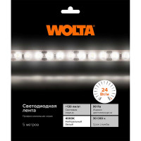Светодиодная лента Wolta от напряжения 12В, SMD2835 24Вт, 4000К Дневной белый свет, защита IP20, 240 светодиодов на метр, ширина 10 мм, длина 5 метров, артикул WLS2835-24W/4000/12H240-01