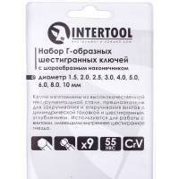 Набор Г-образных шестигранных ключей INTERTOOL 9 ед., 1.5-10 мм, Cr-V, 55 HRC Small HT-0605