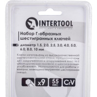 Набор Г-образных шестигранных ключей INTERTOOL 9 шт., 1.5-10 мм, Cr-V HT-0601