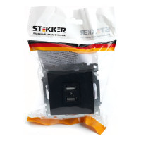 2-местная USB розетка STEKKER механизм, 250В, 2,4А, серия Катрин, GLS10-7115-05, черный 39616