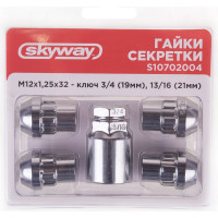 Гайки секретки М12x1.25, 32 мм, конус закр 5 луч 1 кл, хром 004, 4 шт SKYWAY S10702004