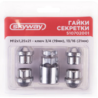 Гайки секретки M12x1.25, 21 мм, конус откр 5 луч 1 кл, хром 001, 4 шт SKYWAY S10702001