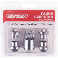Гайки секретки M12x1.50, 21 мм, конус откр 5 луч 1 кл, хром 002, 4 шт SKYWAY S10702002