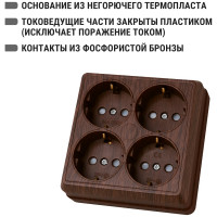 Четырехместная розетка TDM ELECTRIC 2П+3 открытой установки IP20 16A с защитными шторками бук Ладога SQ1801-0323