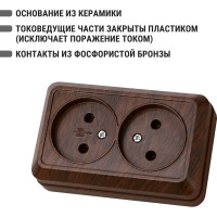 Двойная розетка TDM ELECTRIC 2П открытой установки IP20 10А 250В (керамика) бук "Ладога" SQ1801-0312