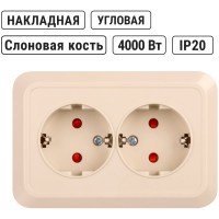 Двойная угловая розетка TDM ELECTRIC 2П+3 открытой установки с защитными шторками IP20 250В 16А слоновая кость "Ладога" SQ1801-0243