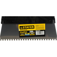 Нержавеющий зубчатый шпатель с пластмассовой ручкой, 200мм, зуб 4х4мм STAYER 1009-20-04