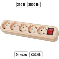 Колодка для удлинителя TDM ELECTRIC на 5 гнезд 2П, с заземлением, с выключателем 16А 250В "Эко" (сосна) SQ1806-0055