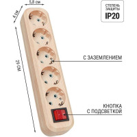 Колодка для удлинителя TDM ELECTRIC на 5 гнезд 2П, с заземлением, с выключателем 16А 250В "Эко" (сосна) SQ1806-0055