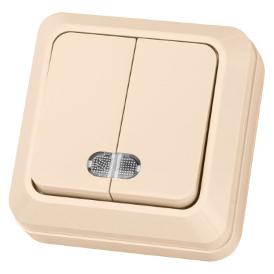 Двухклавишный выключатель TDM ELECTRIC открытой установки с подсветкой, слоновая кость Ладога SQ1801-0008