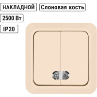 Двухклавишный выключатель TDM ELECTRIC открытой установки с подсветкой, слоновая кость Ладога SQ1801-0008