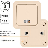Двухклавишный выключатель TDM ELECTRIC открытой установки с подсветкой, слоновая кость Ладога SQ1801-0008