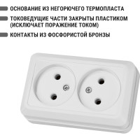 Двойная розетка открытой установки 2П IP20 10А, белая TDM ELECTRIC Ладога SQ1801-0017