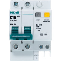 Автоматический выключатель дифференциального тока (АВДТ) DEKraft ДИФ-101, 2 Р, хар-ка C, 16 A, 30 мА, тип AC, 4.5 кА 15003DEK