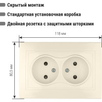 Двойная розетка с защитными шторками, слоновая кость 2П 10А 250В TDM ELECTRIC Таймыр SQ1814-0117