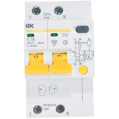 Дифференциальный автомат IEK АД-12 2п, C, 16А, 30мА MAD10-2-016-C-030