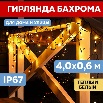 Neon-Night Гирлянда Айсикл (бахрома) 4,0x0,6 м, черный каучук, IP67, 128 LED Теплый белый 255-226