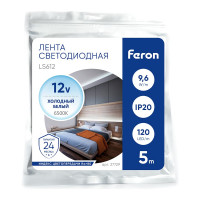 Cветодиодная LED лента FERON 120SMD(2835)/м, 9.6Вт/м, 5м, IP20, 12V, холодный белый LS612 27729