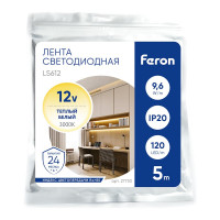 Cветодиодная LED лента FERON 120SMD(2835)/м, 9.6Вт/м, 5м, IP20, 12V, теплый белый LS612 27730
