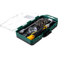 Отвертка с битами для точных работ FIT IT (30 CrV бит, гибкий переходник 190 мм, лупа, в пластиковом футляре) 56190