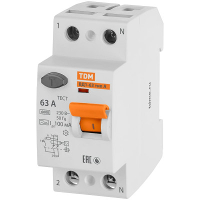 Устройство защитного отключения TDM ELECTRIC ВД1-63 2Р 63А 100мА тип А SQ0203-0081