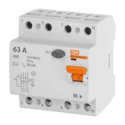 Устройство защитного отключения TDM ELECTRIC ВД1-63 4Р 63А 30мА тип А SQ0203-0090
