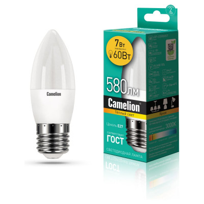 Светодиодная лампа 7Вт 220В Camelion LED7-C35/830/E27 12077