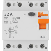 Устройство защитного отключения TDM ELECTRIC ВД1-63 4Р 32А 30мА тип А SQ0203-0086