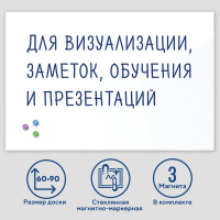 Магнитно-маркерная стеклянная доска, белая, 60х90 см, 3 магнита, BRAUBERG 236747