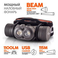 Фонарь ЯРКИЙ ЛУЧ YLP PANDA 3R налобный CREE XP-L HI+XP-G3 max.1100лм, Li-Ion 2600mAh, встр.ЗУ 4606400106029