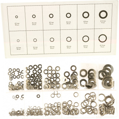 СИБРТЕХ Набор шайб и гроверов, D ш.: 3, 4, 5, 6, 8, 10 мм, D г.: 3, 4, 5, 6, 8, 10 мм, 350 предм.// 47614