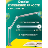 Настольный светильник Camelion KD-821 C03 серебро LED 8Вт, 230В, 2 уровня яркости, 350Лм, струбцина 13528