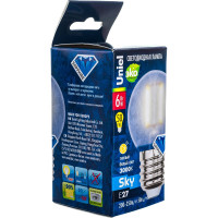 Светодиодная лампа Uniel LED-G45-6W/WW/E27/FR PLS02WH. Форма шар, матовая. UL-00000302