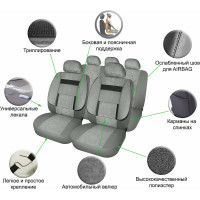 Универсальные чехлы для сидений Airline MONRO, 11 предметов, повышенный комфорт, велюр, темно-серые ACS-UV-02