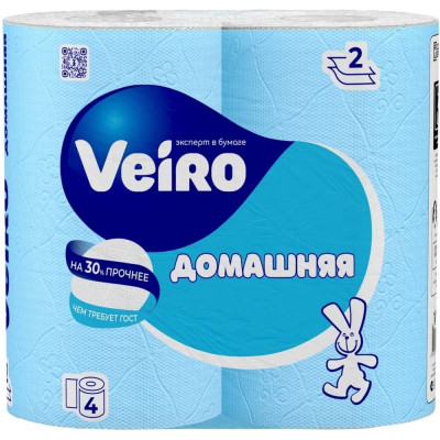 Бумага туалетная бытовая VEIRO спайка 4шт 2-х слойная Домашняя белая 128024 1С24